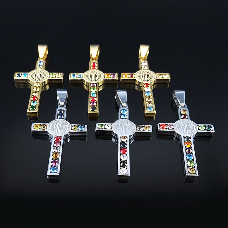 Colar de Aço Inoxidável JYTF c/ Pingente // Cruz Jesus Católico // São Bento de Cristal // Virgem Maria // Lindos Crucifixos, Colares/Jóias/Cruz