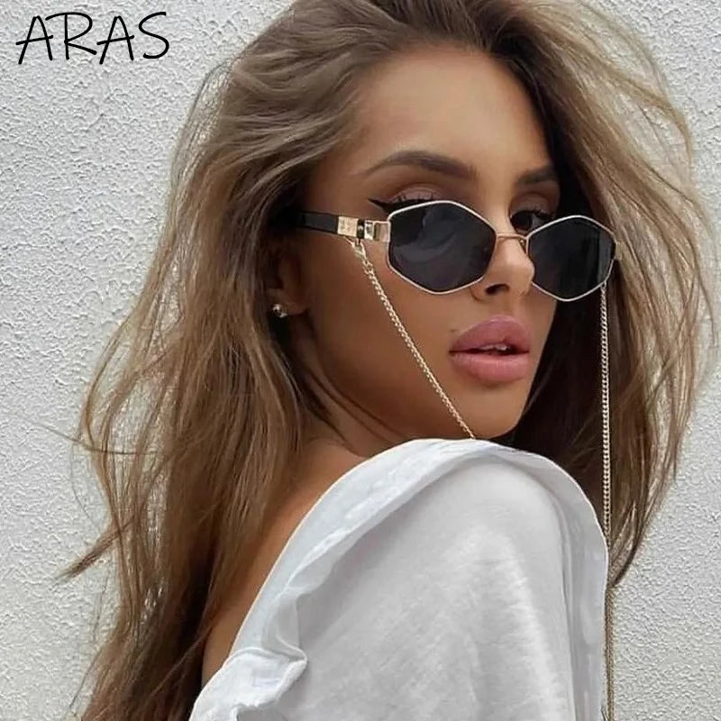 Óculos de Sol Femininos Hexagonais Retrô da Moda com Corrente // Armação Pequena // Designer de Marca 2025