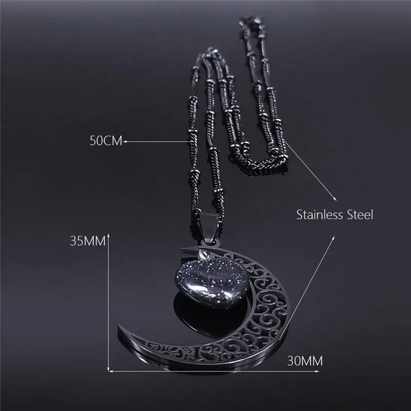 Colar de Pingente de Pedra Natural de Aço Inoxidável Feminino // Colar de Coração de Lua // Joias de Aço Inoxidável Joyeria N6325S03