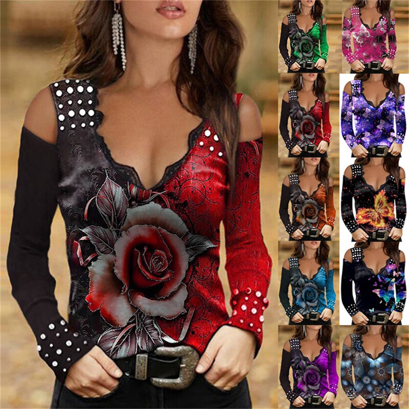 2025 Camisas Tops Impressões de Rosas // Decote Sexy em V // Ombro Livre de manga Comprida // Lindas Blusas Moda Casual Floridas