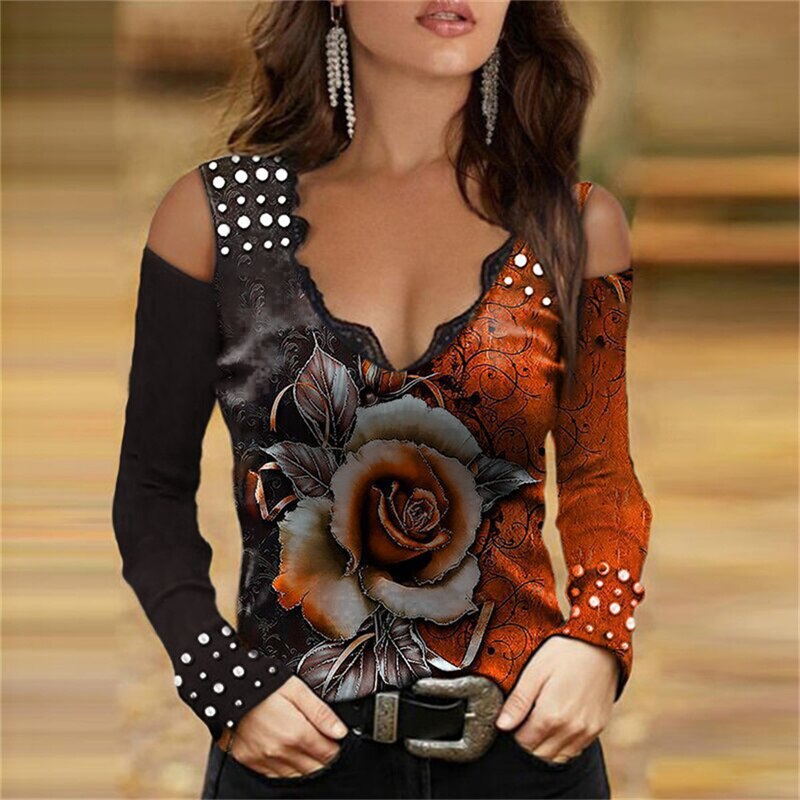 2025 Camisas Tops Impressões de Rosas // Decote Sexy em V // Ombro Livre de manga Comprida // Lindas Blusas Moda Casual Floridas
