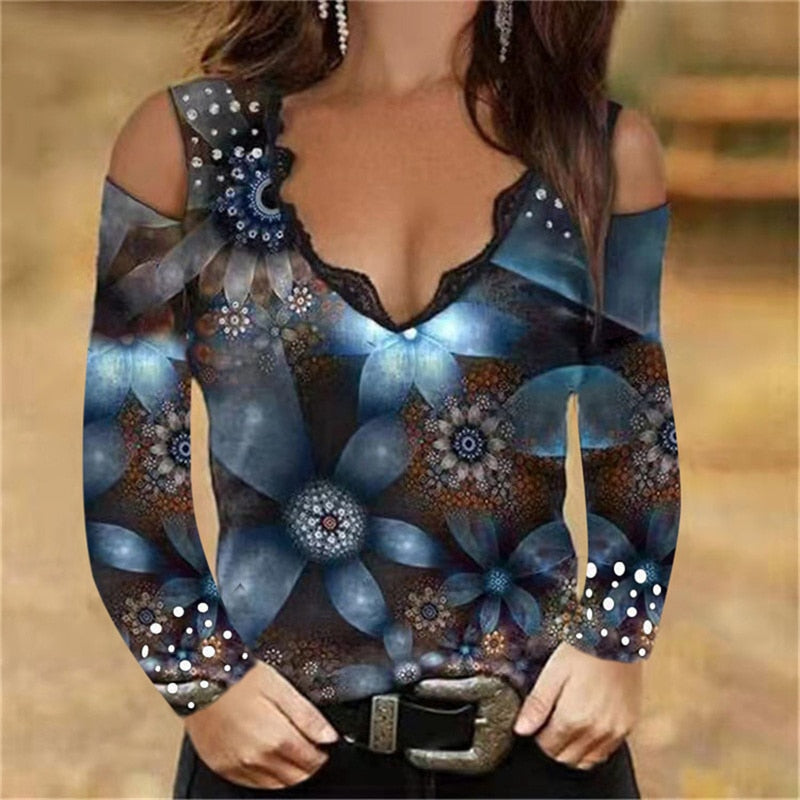 2025 Camisas Tops Impressões de Rosas // Decote Sexy em V // Ombro Livre de manga Comprida // Lindas Blusas Moda Casual Floridas