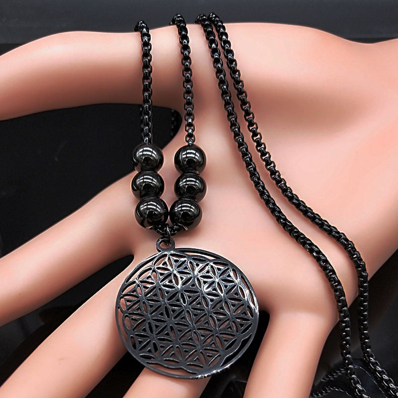 Mandala de Geometria Sagrada Flor da Vida 2023 // Aço Inoxidável Metatron // Colares de LOVELY FAJA // Colar Longo de Contas Pretas // Lindas e Exclusivas Joias flor de la vida. Escolha já a sua!!!
