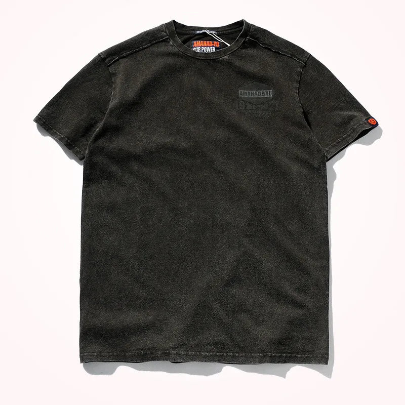 2025 Verão Nova American Street Manga Curta // Gola O // Estampada // Camiseta Masculina Moda Puro Algodão // Casual Lavado // Velho Bottoming Tops