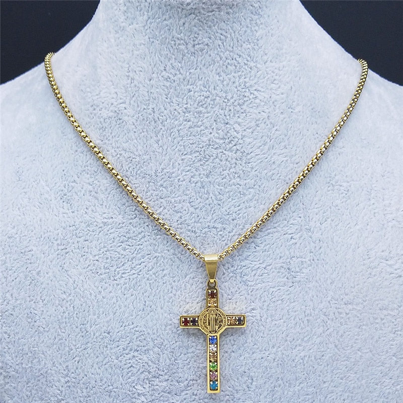 Colar de Aço Inoxidável JYTF c/ Pingente // Cruz Jesus Católico // São Bento de Cristal // Virgem Maria // Lindos Crucifixos, Colares/Jóias/Cruz