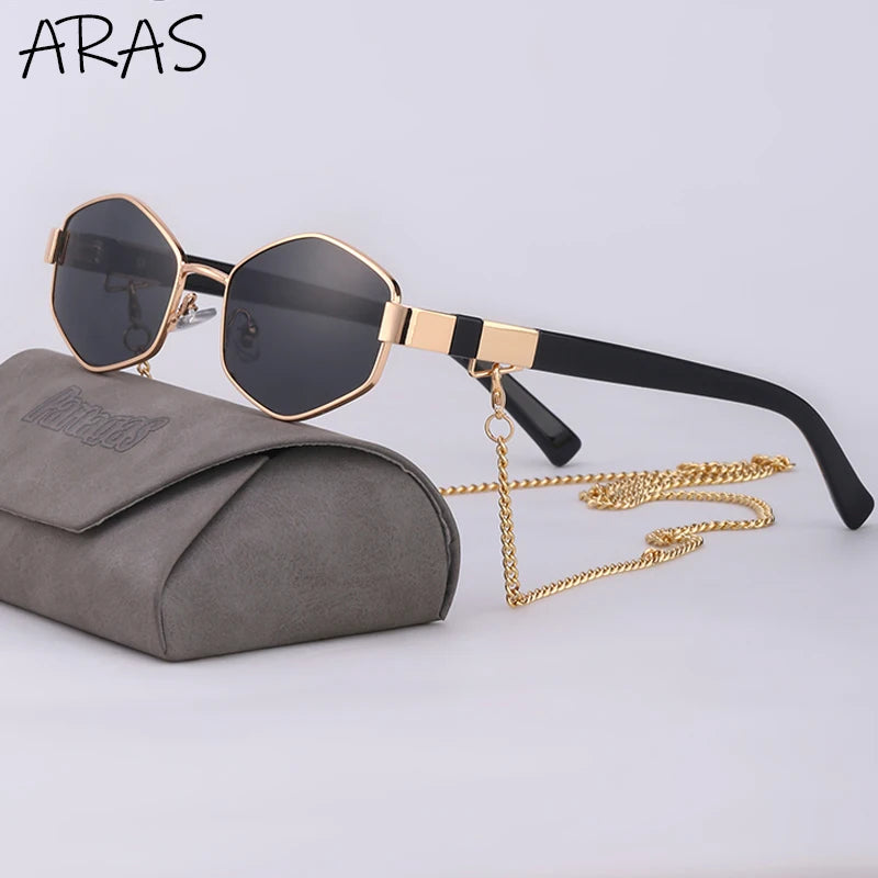 Óculos de Sol Femininos Hexagonais Retrô da Moda com Corrente // Armação Pequena // Designer de Marca 2025
