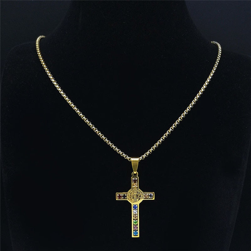 Colar de Aço Inoxidável JYTF c/ Pingente // Cruz Jesus Católico // São Bento de Cristal // Virgem Maria // Lindos Crucifixos, Colares/Jóias/Cruz