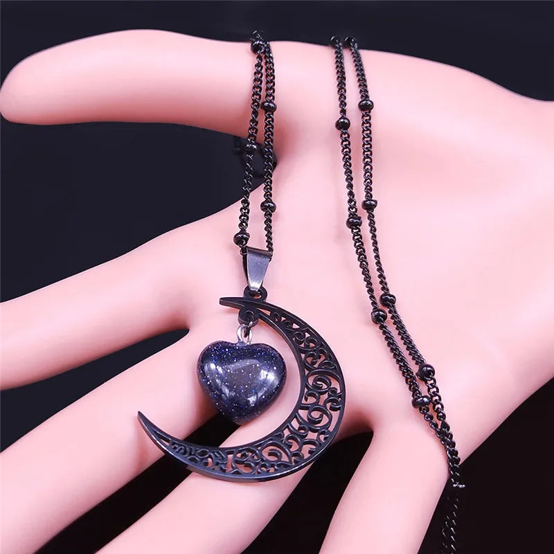 Colar de Pingente de Pedra Natural de Aço Inoxidável Feminino // Colar de Coração de Lua // Joias de Aço Inoxidável Joyeria N6325S03