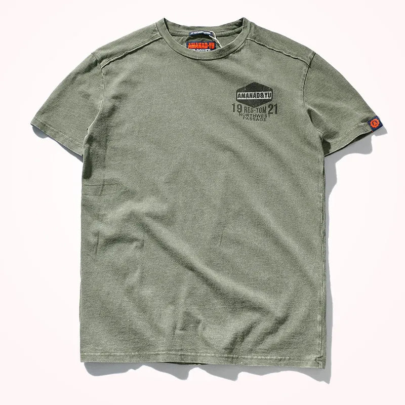 2025 Verão Nova American Street Manga Curta // Gola O // Estampada // Camiseta Masculina Moda Puro Algodão // Casual Lavado // Velho Bottoming Tops