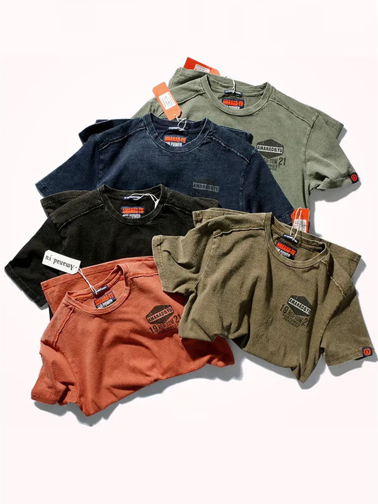 2025 Verão Nova American Street Manga Curta // Gola O // Estampada // Camiseta Masculina Moda Puro Algodão // Casual Lavado // Velho Bottoming Tops