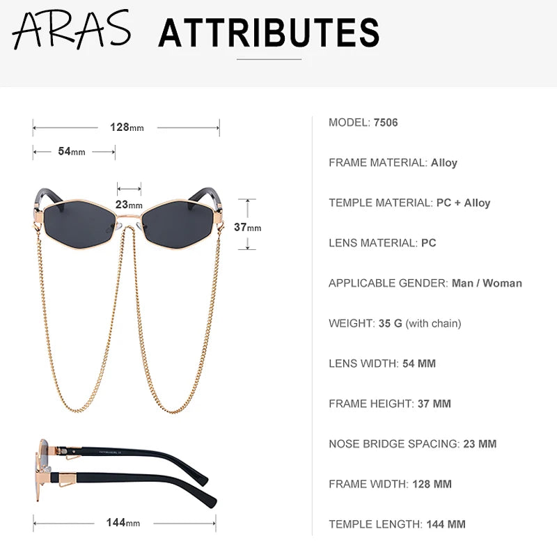 Óculos de Sol Femininos Hexagonais Retrô da Moda com Corrente // Armação Pequena // Designer de Marca 2025