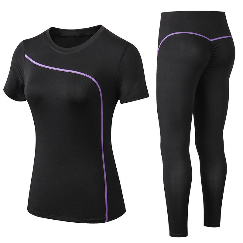 Conjunto YUERLIAN de Ioga de Secagem Rápida // 2 Peças Femininas de Manga Curta, Calças Compridas // Roupa de Fitness Plus Size