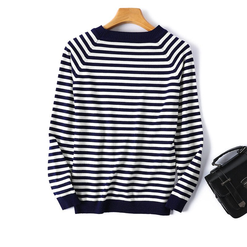 Pulôver Feminino GKFNMT Listrado/Liso de Manga Comprida 2023 // Camisa de Malha Outono/Inverno // Blusas com Decote em O
