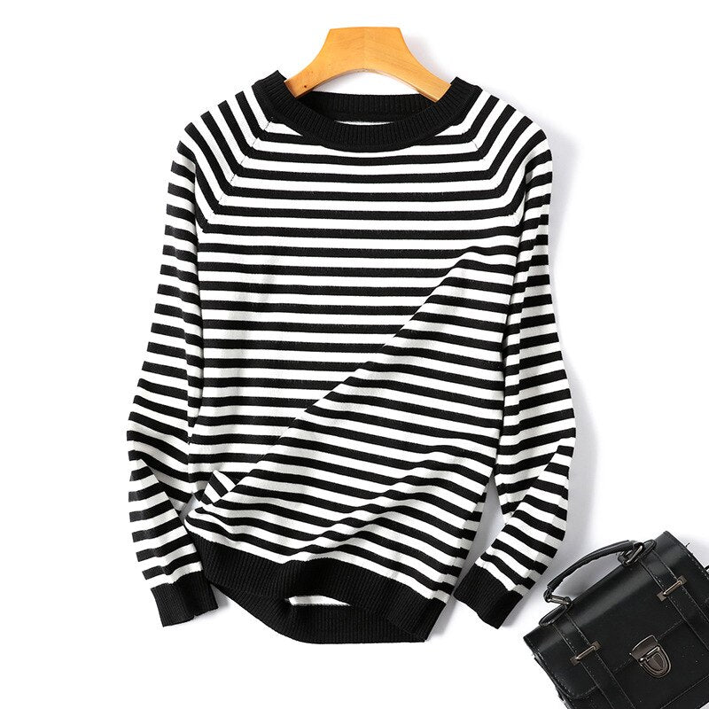 Pulôver Feminino GKFNMT Listrado/Liso de Manga Comprida 2023 // Camisa de Malha Outono/Inverno // Blusas com Decote em O