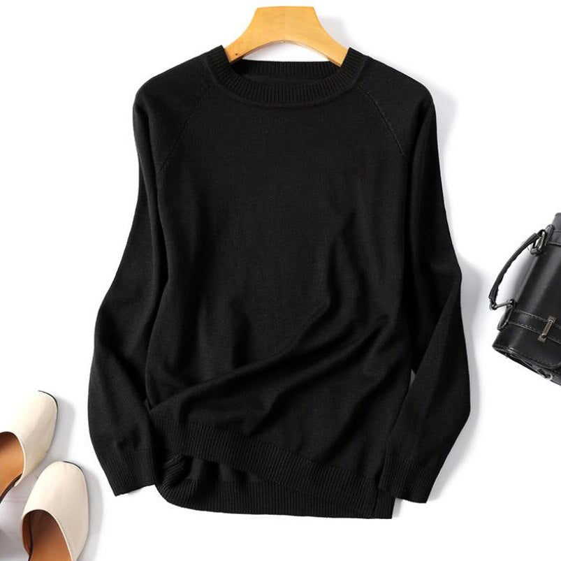 Pulôver Feminino GKFNMT Listrado/Liso de Manga Comprida 2023 // Camisa de Malha Outono/Inverno // Blusas com Decote em O