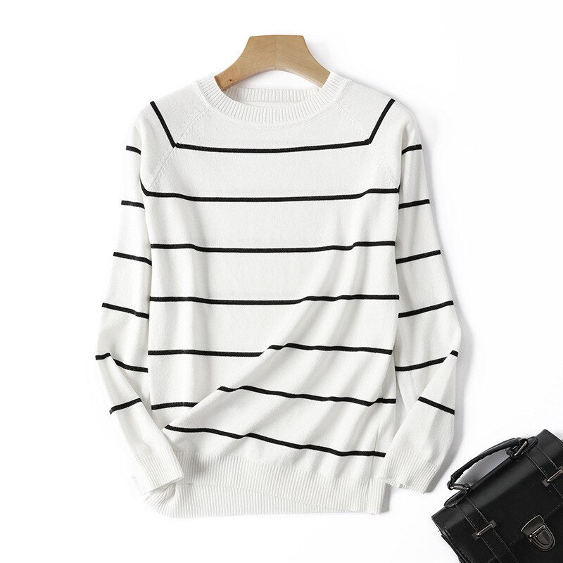Pulôver Feminino GKFNMT Listrado/Liso de Manga Comprida 2023 // Camisa de Malha Outono/Inverno // Blusas com Decote em O