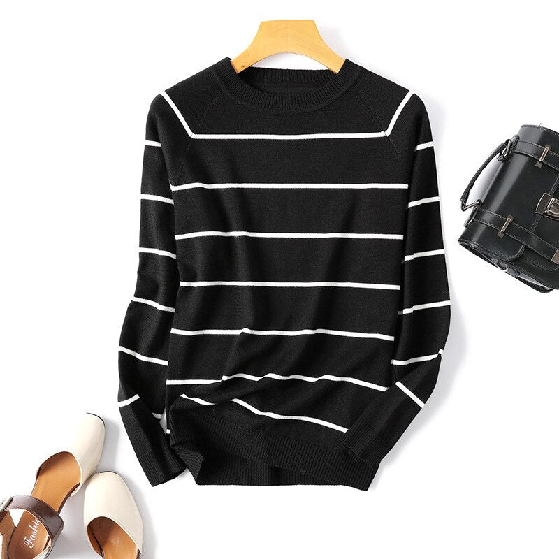 Pulôver Feminino GKFNMT Listrado/Liso de Manga Comprida 2023 // Camisa de Malha Outono/Inverno // Blusas com Decote em O