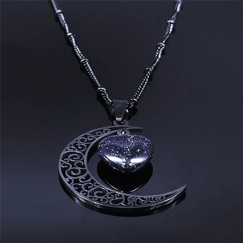 Colar de Pingente de Pedra Natural de Aço Inoxidável Feminino // Colar de Coração de Lua // Joias de Aço Inoxidável Joyeria N6325S03