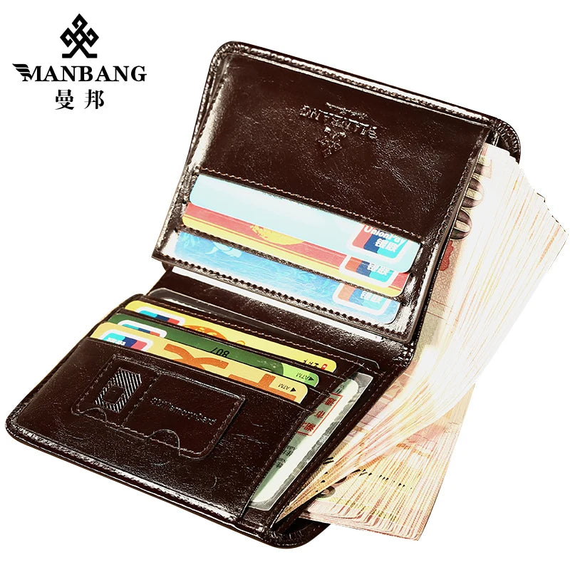 Carteira ManBang Estilo Clássico // Carteira Masculina de Couro Legítimo // Curta // Porta-Cartões // Carteira Masculina Fashion de Alta Qualidade