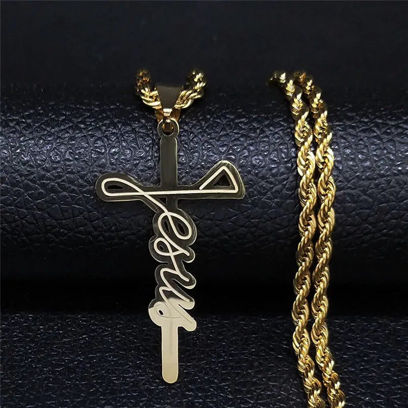Colar Longo c/ Cruz de Aço Inoxidável AFAWA 2024 // Jesus // Masculino Cor de Ouro // Linda Jóia AFAWA Colares & Pingentes Para Proteção e Deleite!!!