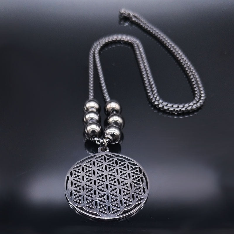 Mandala de Geometria Sagrada Flor da Vida 2023 // Aço Inoxidável Metatron // Colares de LOVELY FAJA // Colar Longo de Contas Pretas // Lindas e Exclusivas Joias flor de la vida. Escolha já a sua!!!