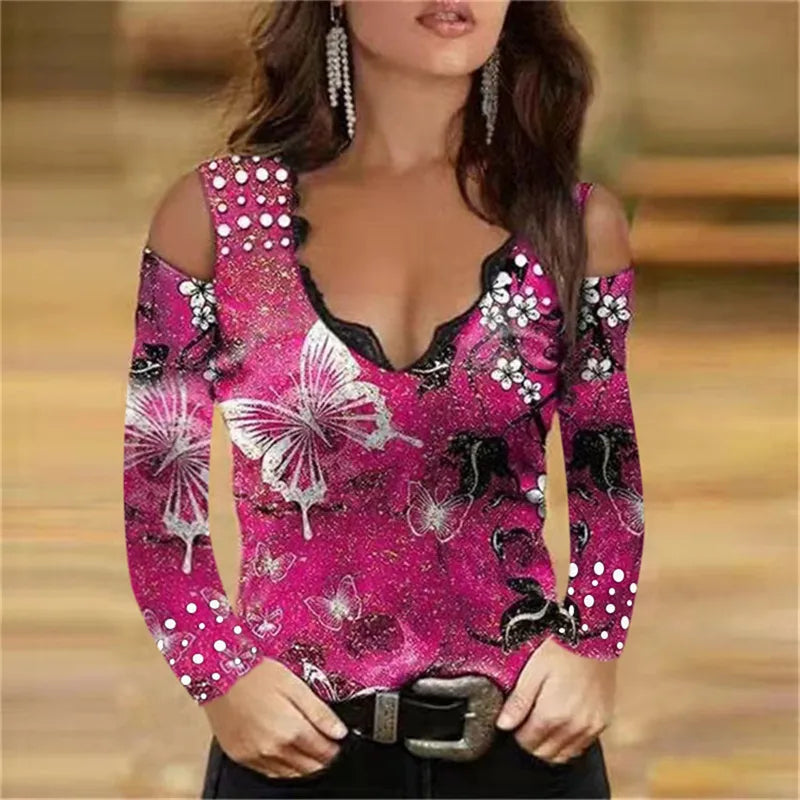 2025 Camisas Tops Impressões de Rosas // Decote Sexy em V // Ombro Livre de manga Comprida // Lindas Blusas Moda Casual Floridas