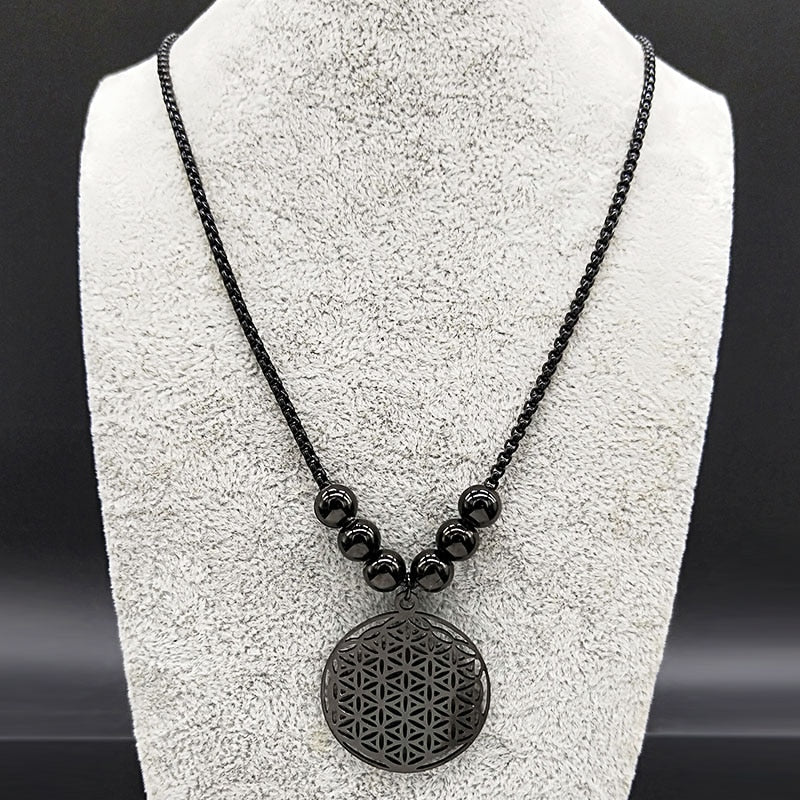 Mandala de Geometria Sagrada Flor da Vida 2023 // Aço Inoxidável Metatron // Colares de LOVELY FAJA // Colar Longo de Contas Pretas // Lindas e Exclusivas Joias flor de la vida. Escolha já a sua!!!