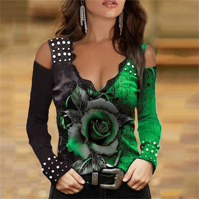 2025 Camisas Tops Impressões de Rosas // Decote Sexy em V // Ombro Livre de manga Comprida // Lindas Blusas Moda Casual Floridas
