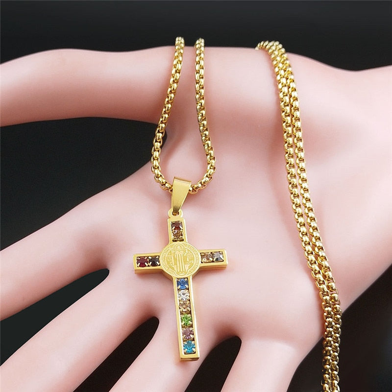 Colar de Aço Inoxidável JYTF c/ Pingente // Cruz Jesus Católico // São Bento de Cristal // Virgem Maria // Lindos Crucifixos, Colares/Jóias/Cruz