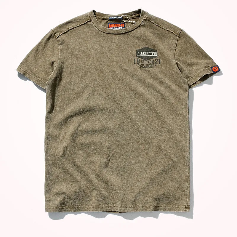2025 Verão Nova American Street Manga Curta // Gola O // Estampada // Camiseta Masculina Moda Puro Algodão // Casual Lavado // Velho Bottoming Tops