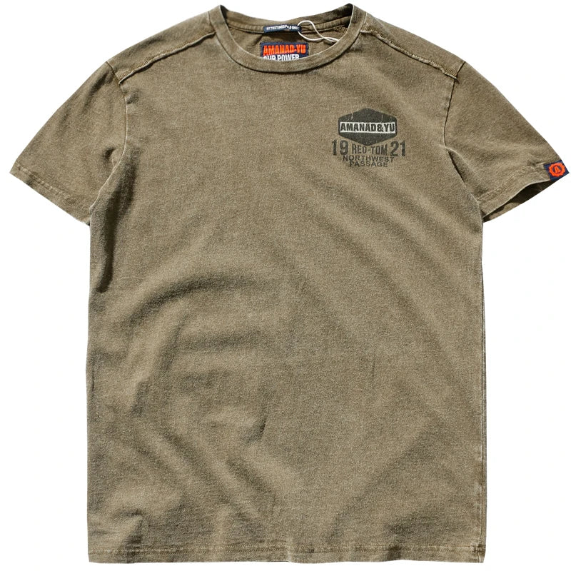 2025 Verão Nova American Street Manga Curta // Gola O // Estampada // Camiseta Masculina Moda Puro Algodão // Casual Lavado // Velho Bottoming Tops