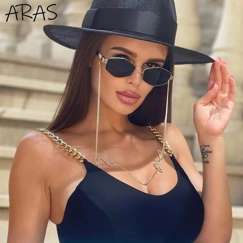 Óculos de Sol Femininos Hexagonais Retrô da Moda com Corrente // Armação Pequena // Designer de Marca 2025