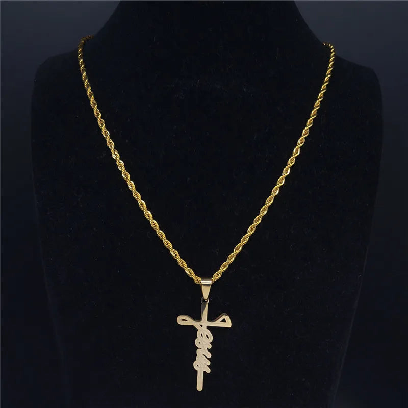 Colar Longo c/ Cruz de Aço Inoxidável AFAWA 2024 // Jesus // Masculino Cor de Ouro // Linda Jóia AFAWA Colares & Pingentes Para Proteção e Deleite!!!