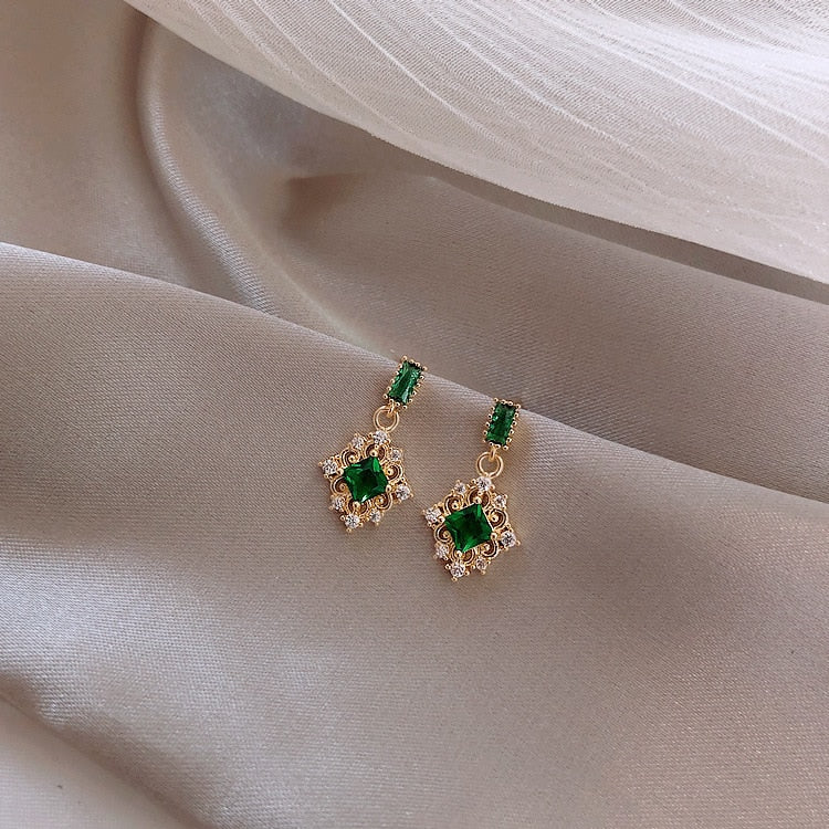 Brincos de Cristal Verde de Zircônia de Luxo WJBYRZI // Moda Neoclássica Geométrica Compacta // Joias Femininas de Designer Elegantes // Lindo Presente para sua Namorada!!!
