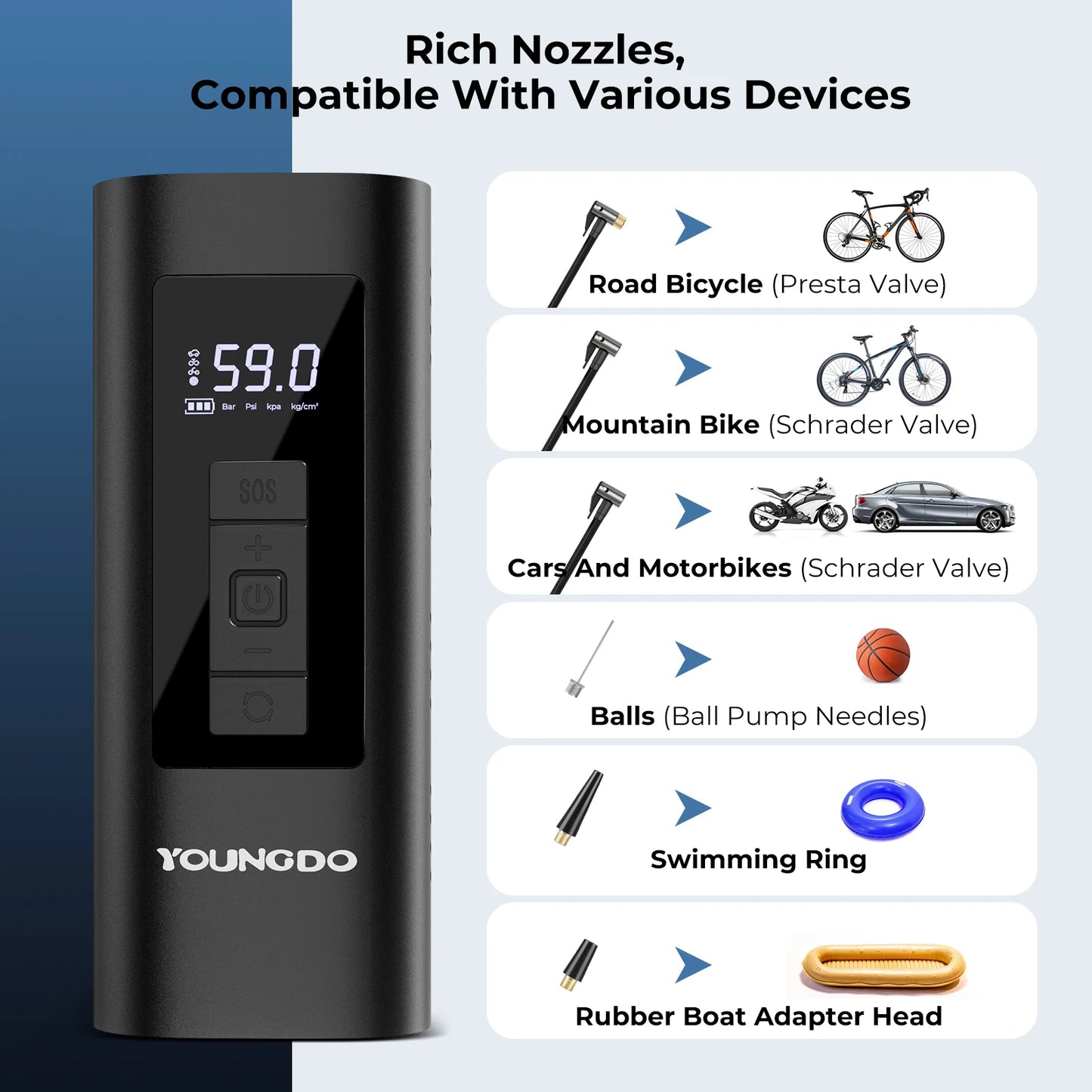 Compressor de Ar Portátil YOUNGDO p/ Carro // Inflador de Pneus, 150 PSI e 6000 mAh // Bomba Inflável Digital Inteligente p/ Carro, Bicicleta, Motos // Bombas de Ar