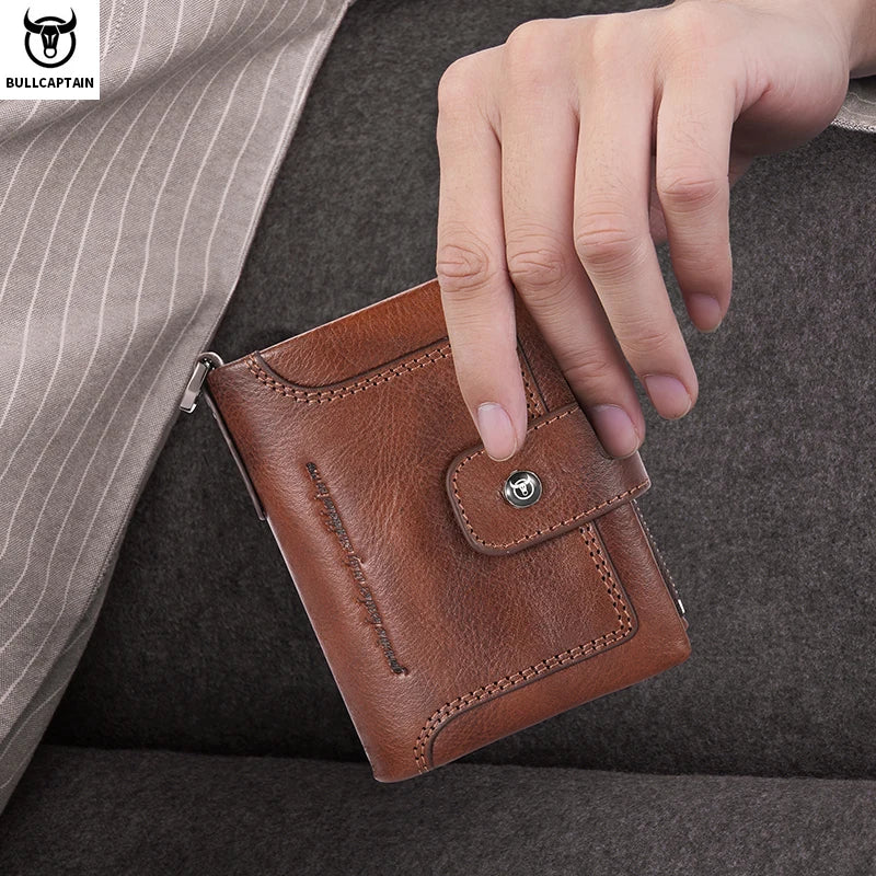 Carteira de Couro Genuíno Masculina BULLCAPTAIN Men's // Carteira Retrô de Pressão, Multifuncional, RFID, Antifurto // Zíper, Multicartão, Bolsa de Moedas