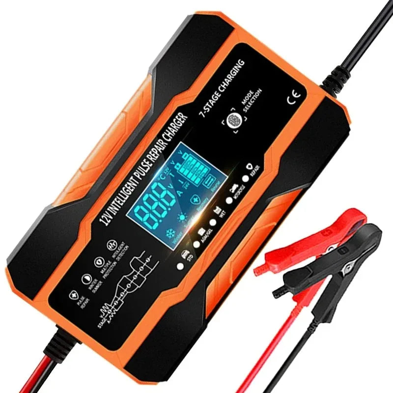 Carregador de Bateria de Carro 12V 12A // Carregamento de 7 Estágios // Reparo de Pulso para Baterias de Carro // Para AGM GEL // Chumbo-ácido úmido // Display LCD