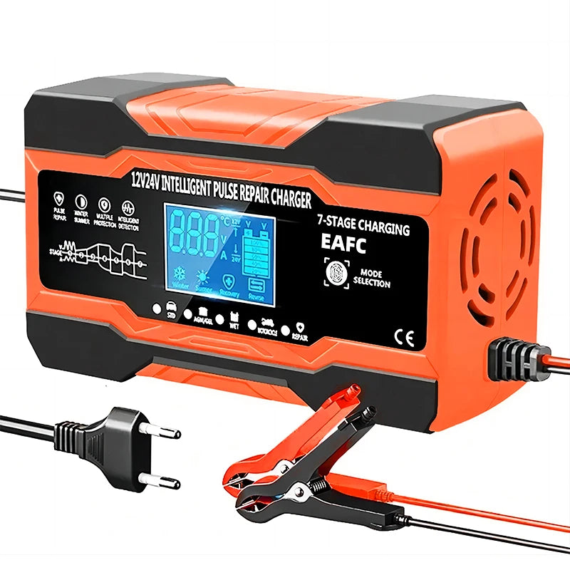 Carregador de Bateria de Carro 12V 12A // Carregamento de 7 Estágios // Reparo de Pulso para Baterias de Carro // Para AGM GEL // Chumbo-ácido úmido // Display LCD