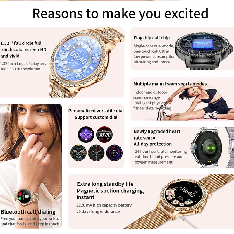 Smartwatch Relógio Inteligente 1.32 " AMOLED 360*360 Tela HD 2024 // Nova Moda Feminina Bluetooth // Chamada / Esportes / Fitness // Pulseira de Diamante // Belíssimo!!!
