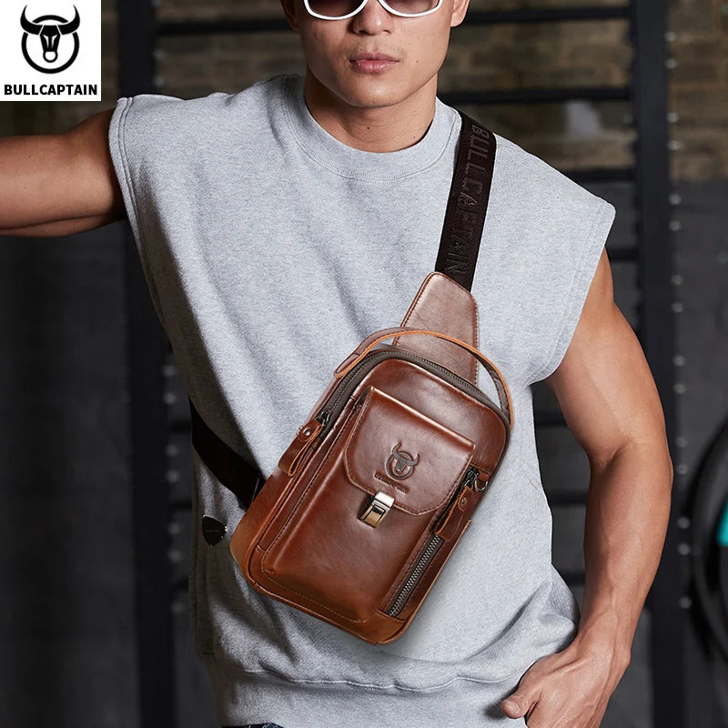 Bolsa de Peito de Couro Genuíno Masculina BULLCAPTAIN // Casual Retrô de 7,9 Polegadas // Bolsa para Celular Multifuncional Antirroubo // Bolsa Crossbody