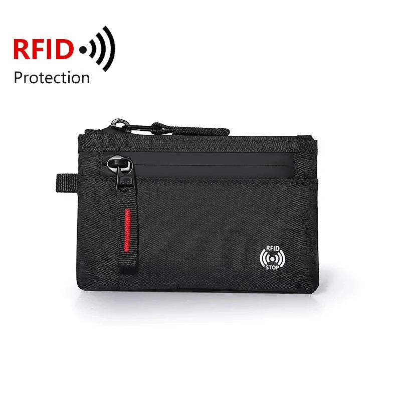 Carteira Masculina RFID Porta-Cartões // De Nylon // Fina com Zíper // Porta-Cartões // Bolsa Tática Masculina // Porta-Moedas c/ Mosquetão