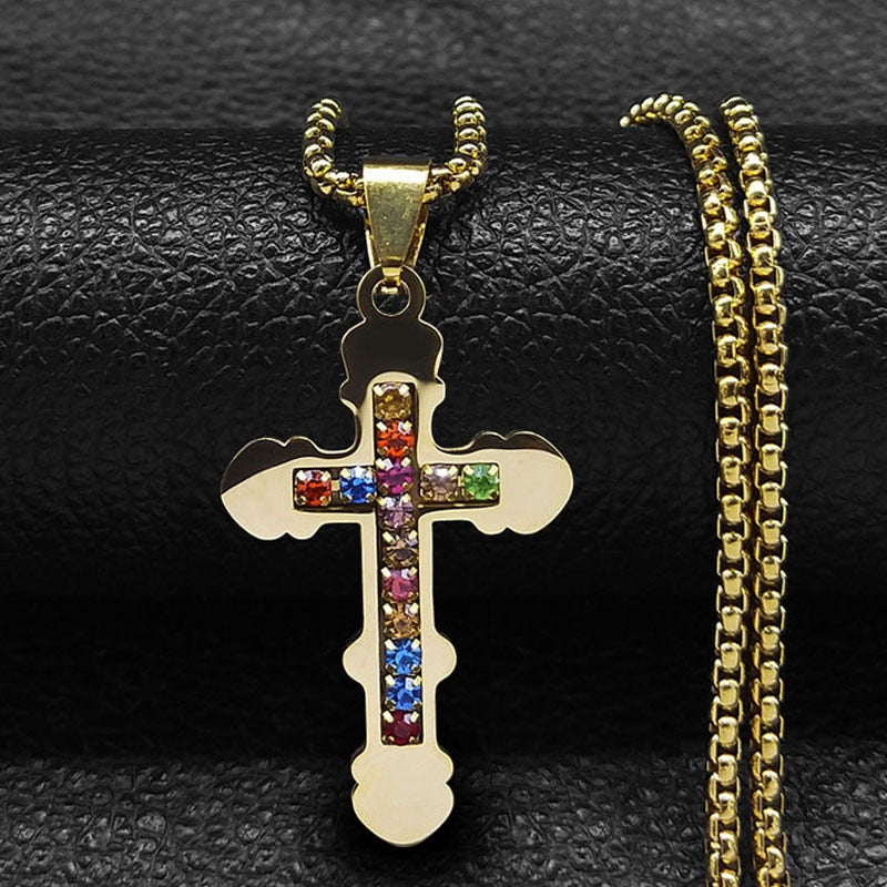 Colar de Aço Inoxidável JYTF c/ Pingente // Cruz Jesus Católico // São Bento de Cristal // Virgem Maria // Lindos Crucifixos, Colares/Jóias/Cruz