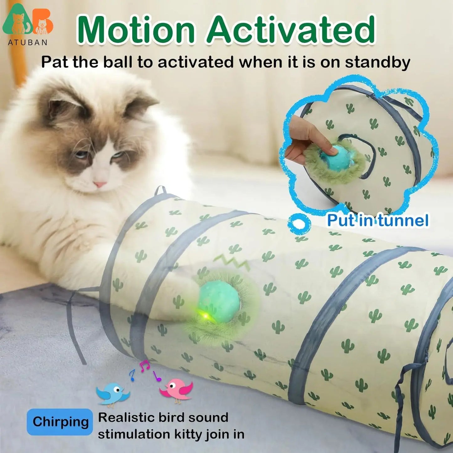 Brinquedos p/ Gatos ATUBAN // Bola Elétrica para Gatos de Rolamento Rápido em Bolsa // Brinquedo para Gatos com Chilrear Ativado por Movimento // Brinquedo para Gatos de Esconde-Esconde
