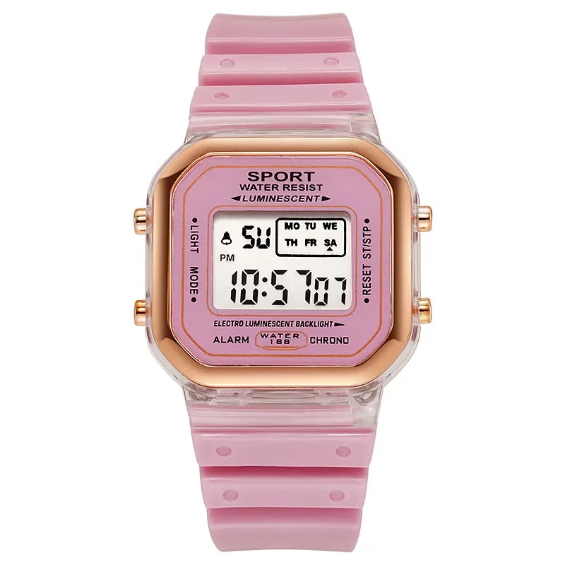 Relógio Eletrônico Transparente de Marca da Moda p/ Estudantes, Relógio de Pulso Feminino Esportivo Multicolorido com LED // À prova d'água // Lindo Presente
