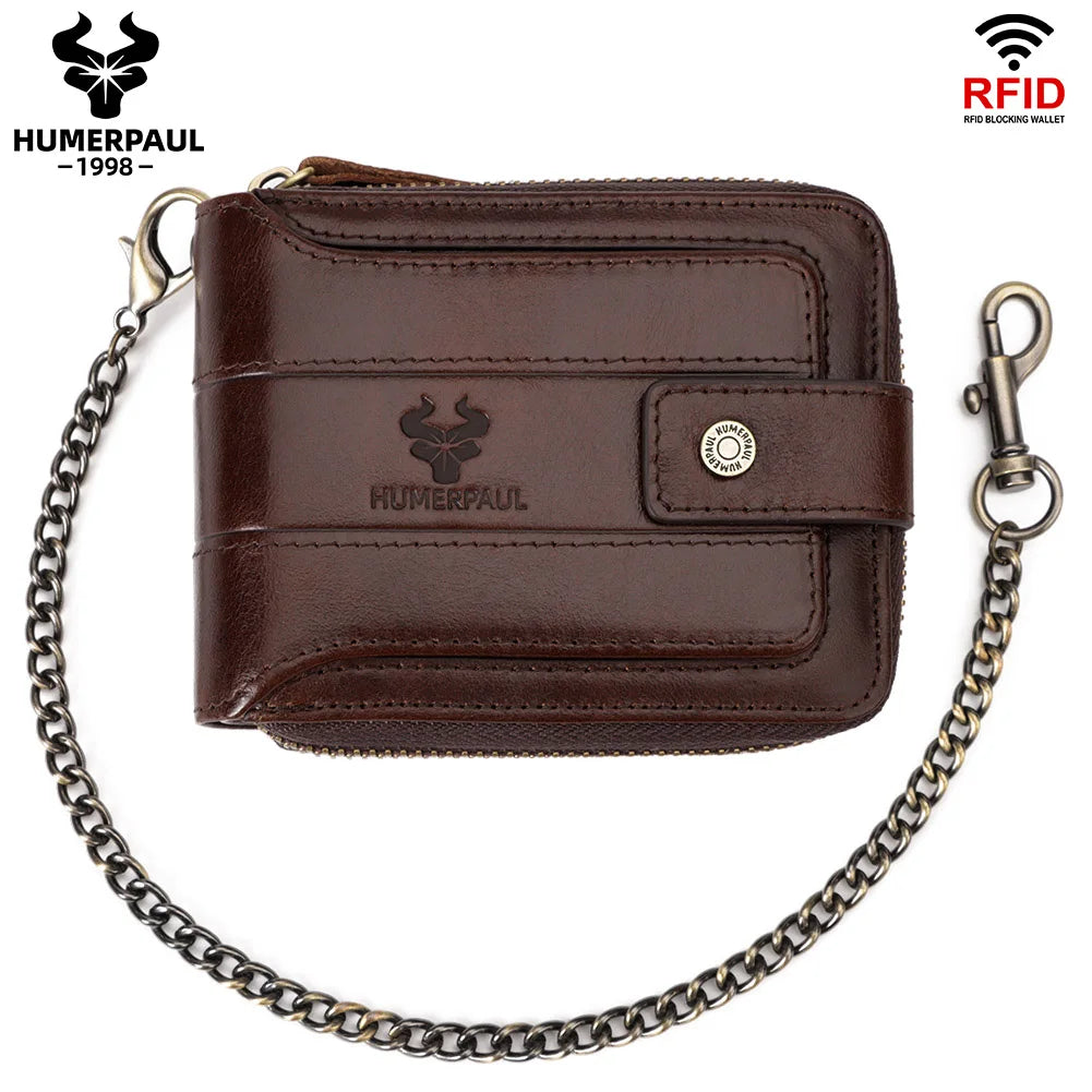 Carteira de Couro Genuíno Humerpaul com Bloquador RFID de Sinal p/ Cartões // Com Janela P/ Identidade e Compartimento Multifuncional com Zíper e Bolsa de Moedas