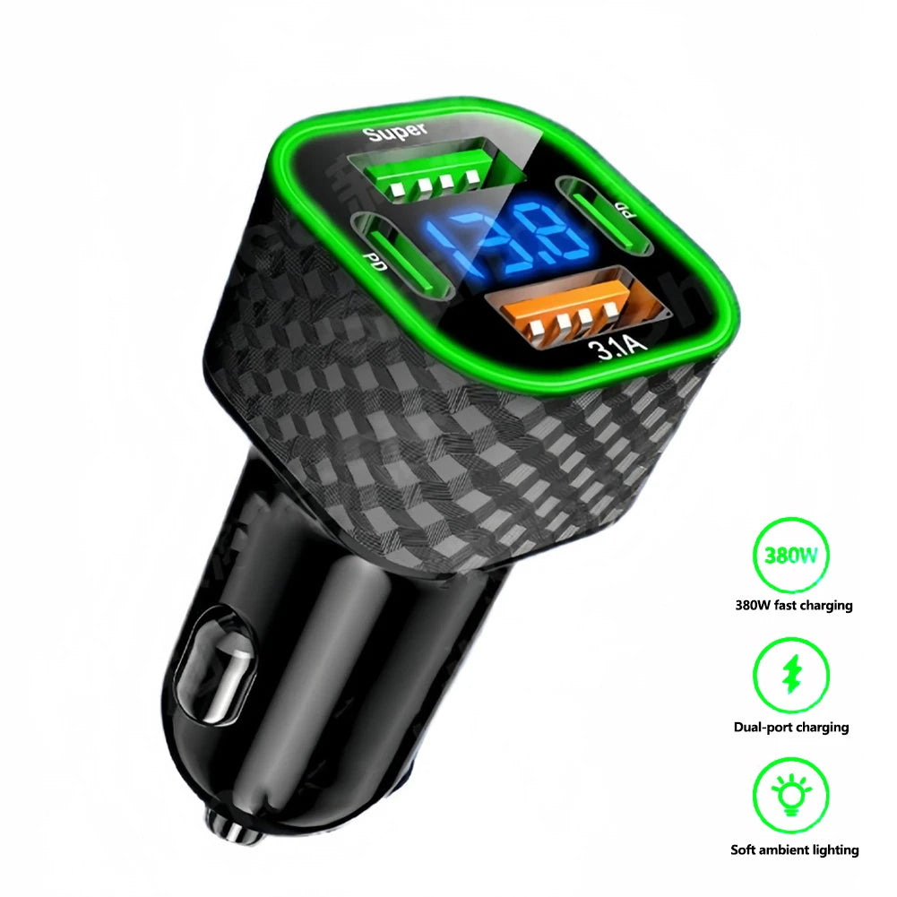 Carregador de Celular p/ Carro // Carga Super Rápida de 380 W // 4 em 1 USB C Dual PD c/ Display de Voltagem // Adaptador para iPhone, Xiaomi, Oppo, Samsung