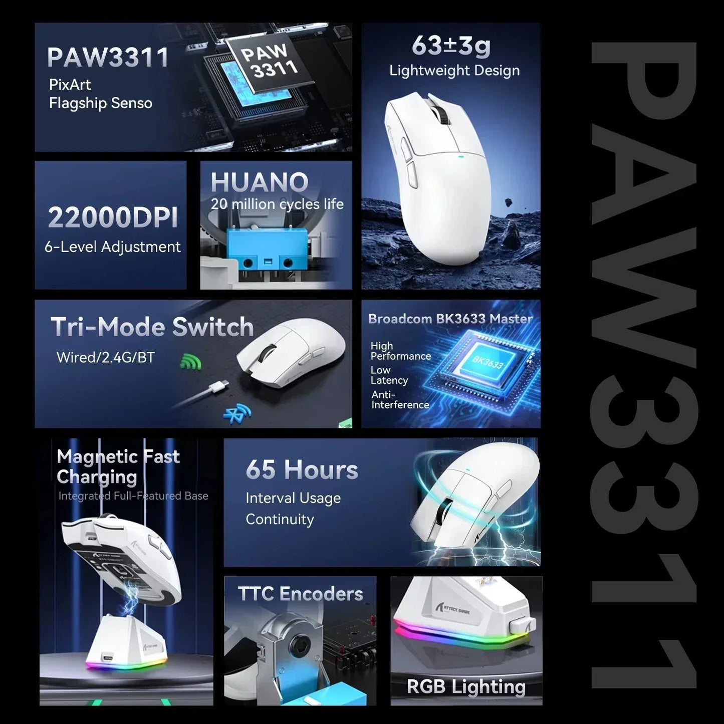 Mouse p/ jJogos Attack Shark X11 Tri Mode PAW3311 2.4G // Magnético / Recarregável / Ultraleve / Sem Fio // Para PC e Laptop