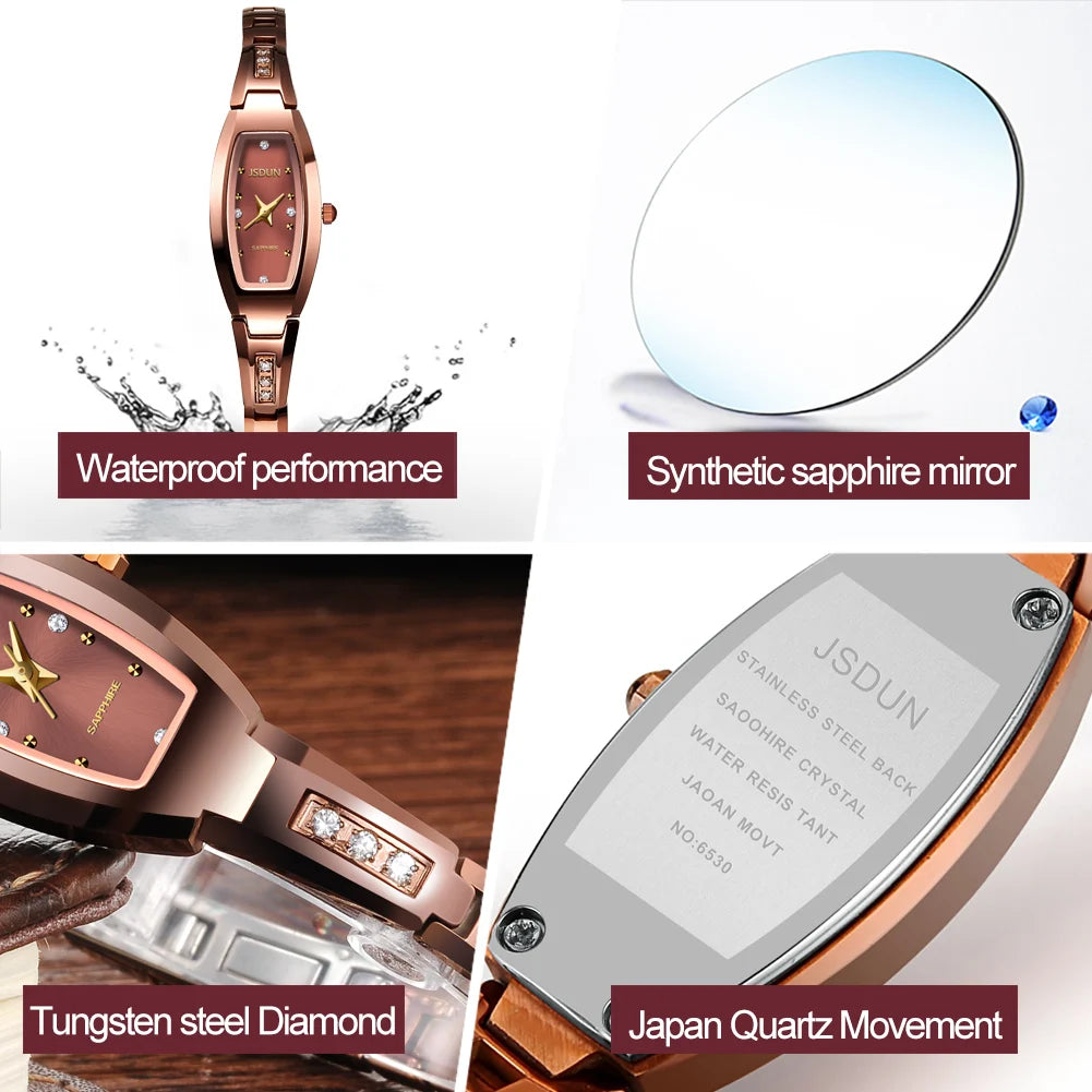 Relógios Femininos de Marca de Luxo JSDUN // Pulseira de Aço de Tungstênio // Relógio de Quartzo Original c/ Diamantes