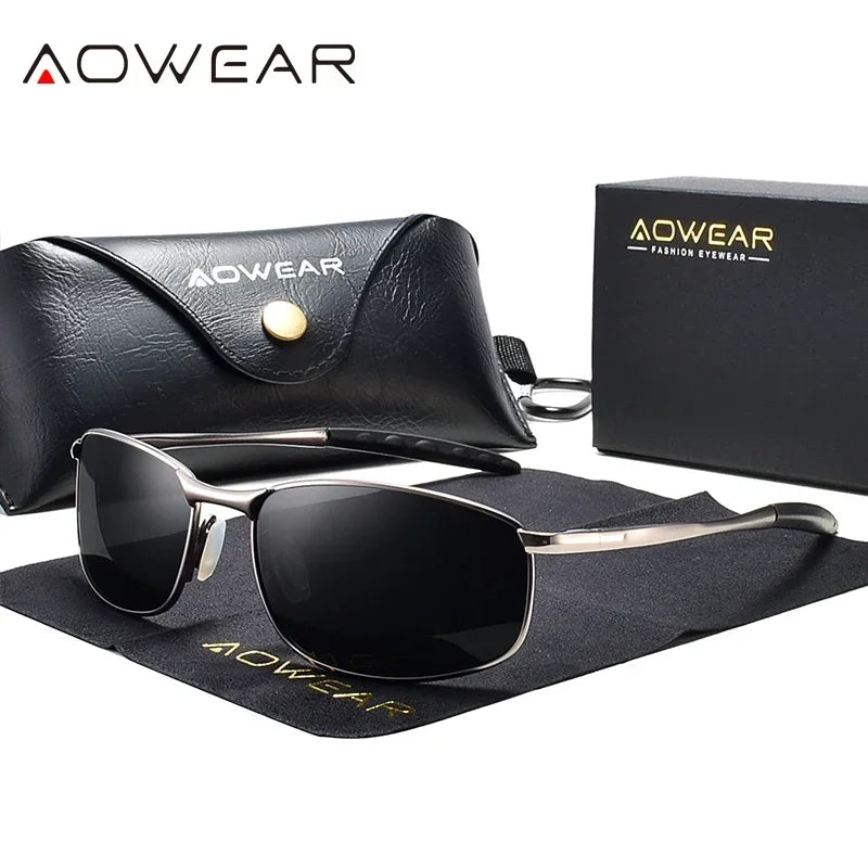 Óculos de Sol Espelhados Polarizados Retrô AOWEAR Unissex // Óculos de Sol Vintage c/ Proteção UV400 // Óculos de Direção Leves c/ Estojo