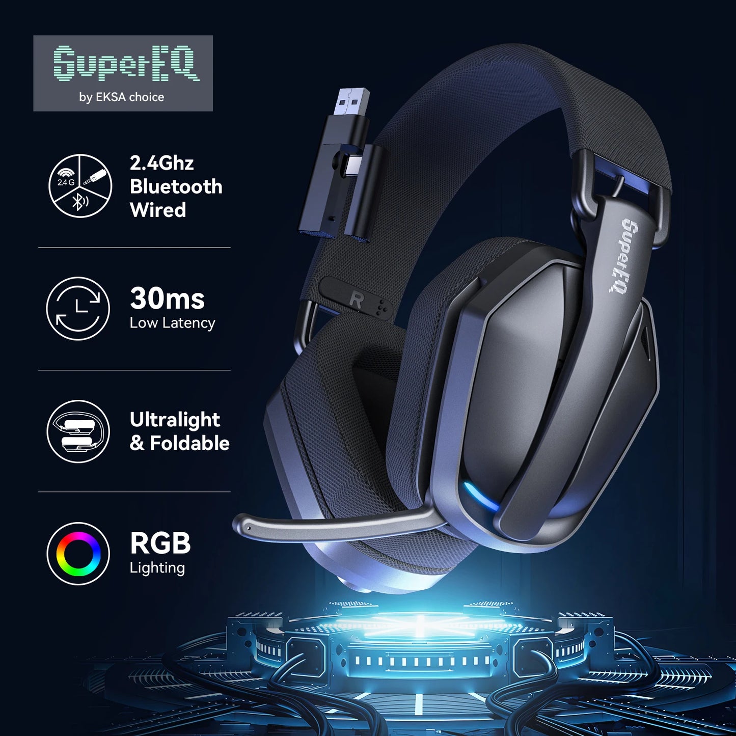 Fone de Ouvido s/ Fio p/ Jogos SuperEQ G19BT // 2,4 GHz, Ultraleve, c/ Bluetooth 5.4 e Microfone para PC/PS5/Xbox, da EKSA Choice